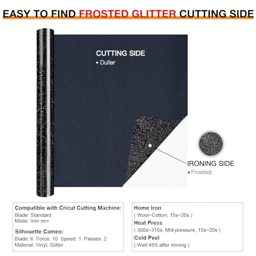 Image of HTVRONT Black Glitter HTV Vinyl Roll - 10 inch x 8ft Black Glitter Iron on Vinyl for All Cutting Machine, Glitter Heat Transfer Vinyl for T Shirts - Easy to Cut & Weed & Transfer