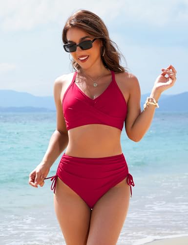 Image of Blooming Jelly Womens High Waisted Bikini Sets Drawstring Tummy Control Swimsuits Crisscross Tie Back Bathing Suit