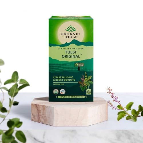 Image of A TATA Product - Organic India Tulsi Original - 25 Tea Bags, Caffeine-Free Herbal Tea with Tulsi, Natural Detoxifier, Rich in Antioxidants, Convenient Staple-Free Bag (Pack of 3)