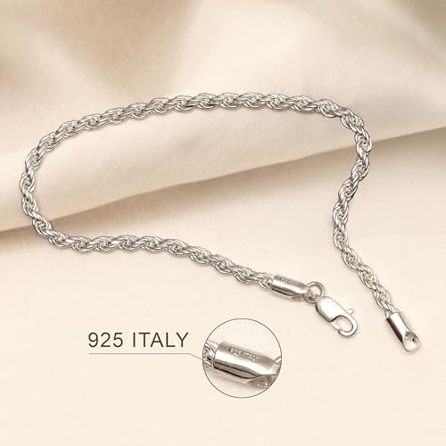 LeCalla 925 Sterling Silver Italian Classic Diamond-Cut Rope Chain Link Bracelet for Women Men, Made in Italy (6.5, 7, 7.5, 8, 8.5, 9 Inches)4