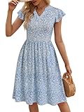 YATHON Blue and White Dress for Women Floral Summer Casual Cap Sleeve Fit and Flare Wedding Guest Dresses with Pocket (YT227-Blue White F 02,M)