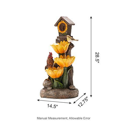 Glitzhome 28.5" H Outdoor Garden Water Fountain With Led Lights And Pump, Sunflowers And Birdhouse Resin Modern Cascading Floor-Standing Fountain For Porch Deck Patio Backyard Decoration #TOP5