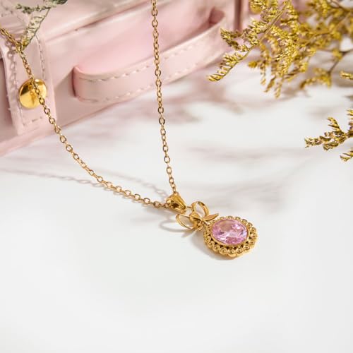 Image of 18k Gold Plated Vintage Dainty Pink Gemstone Bow Pendant Necklace Women Court Style Oval Cut Zircon Necklace