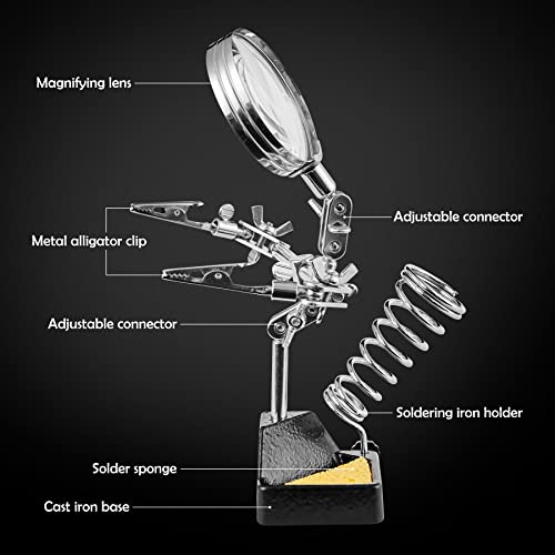 Noah 3-in-1 Helping Hands Magnifier with Dual Adjustable Alligator Clips in 2.5X Magnifying Glass with Soldering Iron Holder and Cleaning Sponge, for Welding, Jewelry,Clamping in Electronics