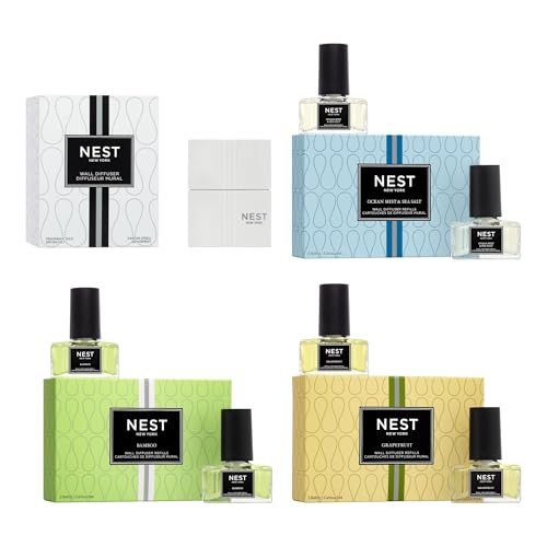 NEST New York Wall Diffuser Set & Core Refill Bundle - Includes 1 Diffuser Unit and 3 Refills - Bamboo, Grapefruit, and Ocean Mist & Sea Salt