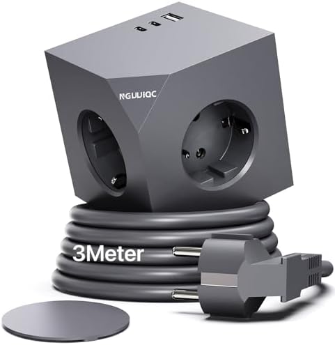 PD20w Steckdosenwürfel mit 2 USB C, Magnetpad, 3 Meter, Grau | 3 Fach Mehrfachsteckdose, Steckdosenleiste Wandsteckdose Steckdosenadapter, Verlängerungskabel für Büro, zu Hause