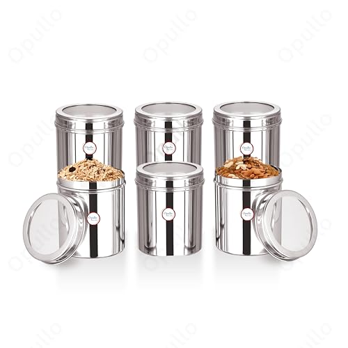 Image of Opullo Stainless Steel Top See Through Containers for Kitchen | Mirror Polished Stainless Steel Containers with Lid | Multipurpose Dabba Set for Kitchen | Pack of 6 | 1 Kgs