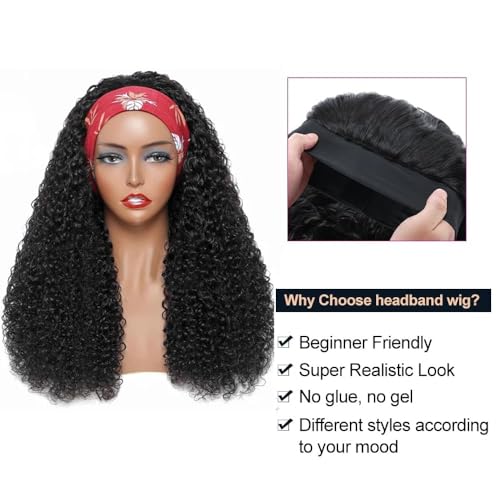 Image of XSY Headband Wig Human Hair Kinky Curly Headband Wigs for Black Women Deep Curly No Lace Front Wig 150% Density Natural Black Color 10 Inch