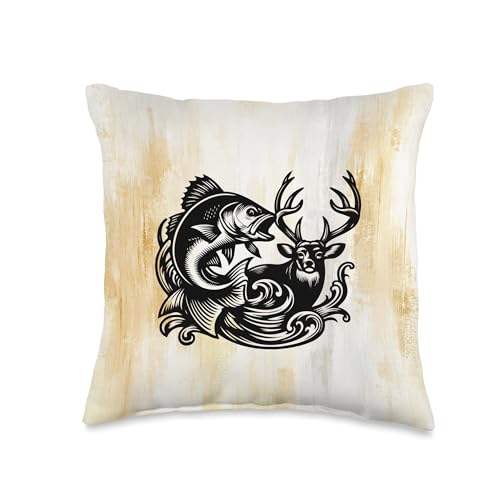 Bass and Buck Mountain Landscape Hunting Fishing Nature Art Throw