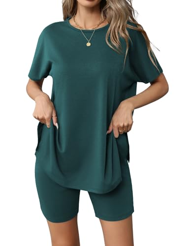 Image of Ekouaer Women's 2 Piece Lounge Set 2026 Summer Biker Shorts Set Outfits Short Sleeve Oversized Top Matching Tracksuit