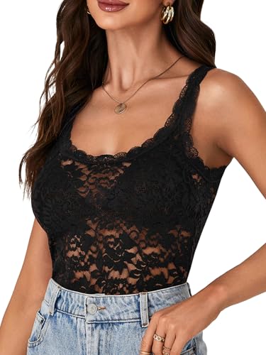 LYANER Women's Floral Lace Scallop Spaghetti Strap Sleeveless Sheer Tank Cami Top Blouse4