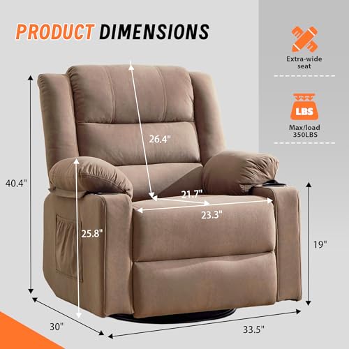 Image of Rocking Recliner Chair for Adults, 360 Swivel Rocker Recliner with Massage and Heating, Manual Glider Rocking Chair with Cup Holders for Living Room Bedroom Nursery (Mocha)