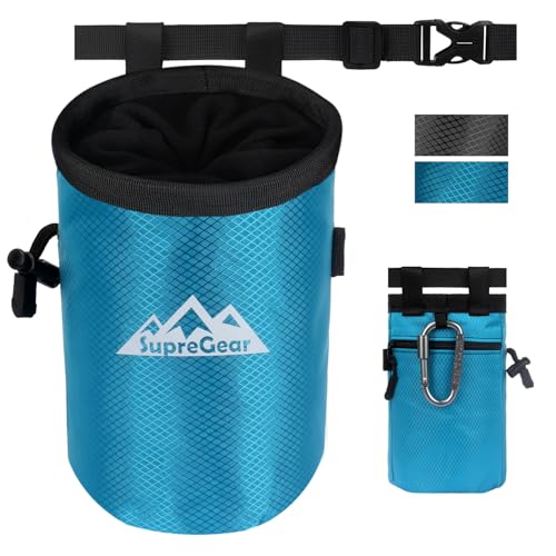 supregear Chalk Bag for Rock Climbing, Large Zipper Pocket with Brush Holder, Drawstring Closure, and Carabiner Clip, Ideal for Bouldering, Weightlifting, Gym, Blue