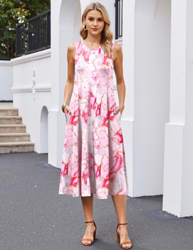 Image of HOTOUCH Summer Casual Dresses for Women Sleeveless Midi Dress Swing Tank Sundress Pleated Tshirt Dress with Pockets
