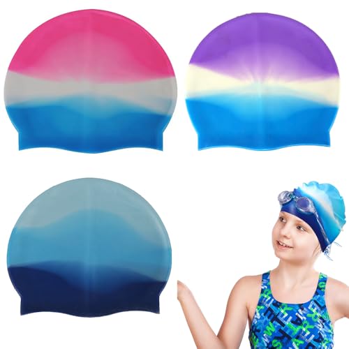 Waterproof Kids Swim Caps 3 Pack Silicone Swimming Caps for Boys & Girls Comfortable Fit for Long & Short Hair Toddler & Childrens Bathing Caps
