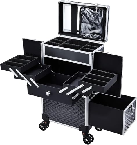 Valise de Maquillage Professionnelle à Roues, Mallette de Manucure et Coiffure avec Miroir, Tiroir Coulissant, Poignée Télescopique, Roues 360° avec Frein,...
