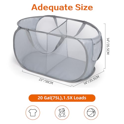 Image of Sturdy Collapsible Laundry Baskets, Foldable Pop Up Laundry Hamper, Durable 2 Compartments Laundry Basket, Handy Pocket & Easy to Sort Clothes Hampers for Laundry, Dorm, Kids Room, Travel Grey