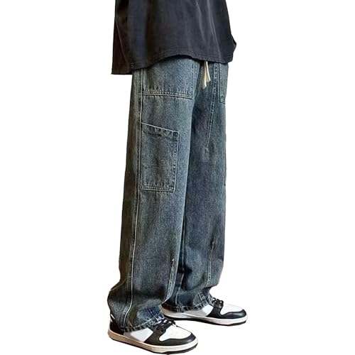 Elastic Waist Jeans for Men Drawstring Cargo Jean Wide Leg Jeans Men Loose Fit Hip Hop Vintage Denim Pants with Pockets