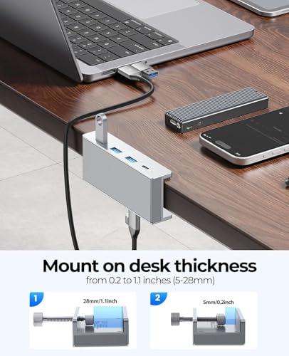 Image of USB Hub 3.0, Clamp USB Hub with Extra Power Supply Port, Aluminum 4-Port USB Adapter with 3 USB-A Data Ports, USB-C Port for Monitors, Desks Desktops, Keyboards, Laptops, Smartphones, (MHPC 5IN 1)