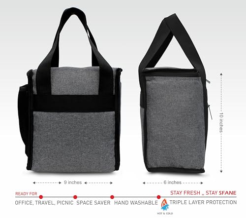 Image of Sfane Insulated Lunch Bag - Compact, Easy Wash, Smooth Zipper & Lightweight - Tote Bag & Container, Tiffin Bag for Men, Women, Adults (Black & Grey)
