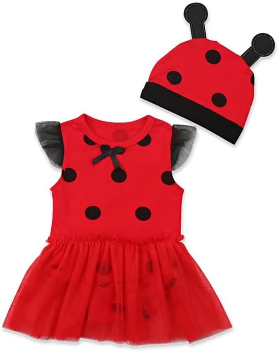 Agape Girl Red Bug Romper Set with Cap Dress Short Sleeves for Baby Girl (0 Month-12 Months)