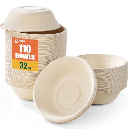 Dynta 110 Pack 32oz Paper Bowls Large Compostable Disposable Bowls for Salads Soups & Dog Feeding | Microwave & Freezer Safe(Natural Brown)