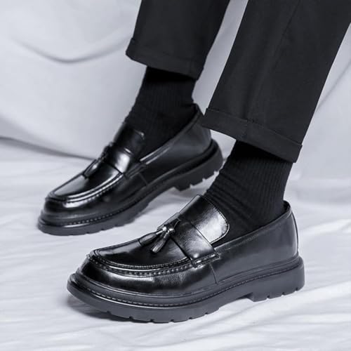 Mens Leather Slip-On Platform Dress Tassels Loafers Anti-Slip Low Top Round Toe Chunky Penny Shoes for Work and Daily Casual Wear3
