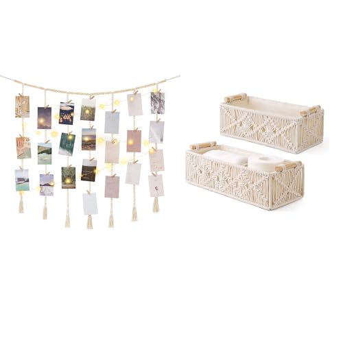 Mkono Macrame Hanging Photo Display with Lights and Macrame Storage