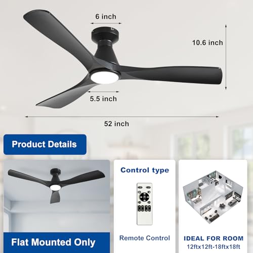Image of Depuley 52-Inch Ceiling Fans with Lights: Black 3 Blade Flush Mount Low Profile Ceiling Fan for Bedroom - Dimmable Indoor Outdoor Fan with Remote Control Ultra Quiet DC Motor Timer