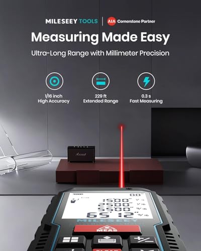 Image of 70m Digital Laser Distance Meter MiLESEEY with Angle Sensor, ±2mm Accuracy, Area /Volume & Pythagoras Modes, Backlit LCD, IP54, Battery Included
