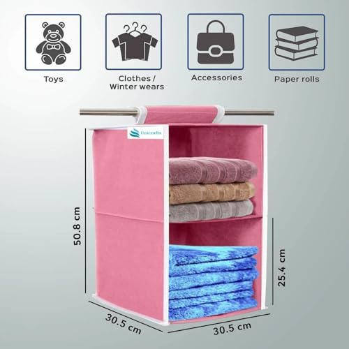 Image of Hanging Closet Organizer for Clothes Storage | Foldable Wardrobe Hanging Storage Rack | Non-Woven Multipurpose Cupboard Organizer for Clothes, Towels & Accessories (Pink, Pack of 1, 2)