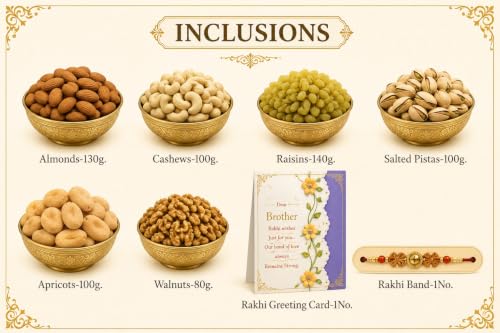 Image of Browntree Dry Fruits Rakhi Gift Hamper Bluemina 6P- 650g | Rakhi Hamper for Brother| 6 Piece luxury Gift Hamper - Almonds, Cashews, Raisins, Salted Pista, Apricots & Walnuts | Festive & Corporate Gifting Box | Ideal Gift Box for all celebration