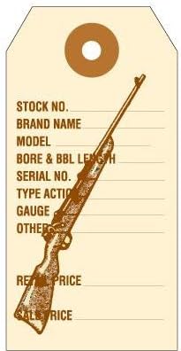 50 Gun and Rifle ID Tags. Preprinted in Brown Ink on Manila Stock, with Reinforced Eyelet. Each Tag is Pre-Strung. Tag Size: 3 3/4" x 1 7/8".
