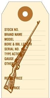 100 Gun and Rifle ID Tags. Preprinted in Brown Ink on Manila Stock, with Reinforced Eyelet. Each Tag is Pre-Strung. Tag Size: 3 3/4" x 1 7/8".