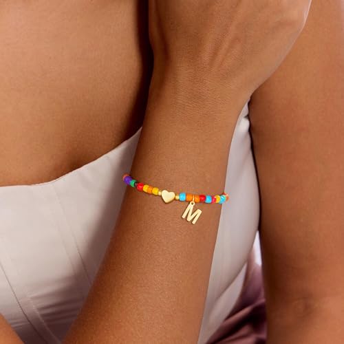 Colorful Initial Bracelets for Women Girls - Trendy Beaded Heart Initial Bracelet Teen Girl Gifts Trendy Stuff Bohemian Gold Letter Bracelet Personalized Gifts for Women Girls Jewelry2