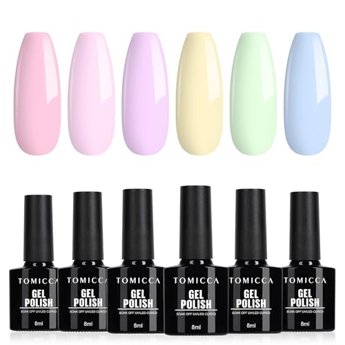 TOMICCA Vernis Semi Permanent Pastel Set, 6 Couleurs Rose Vert Bleu Violet Blanc Macaron Vernis Gel UV, Soak-Off Vernis à ongles UV/LED Gel Cadeau pour salon...