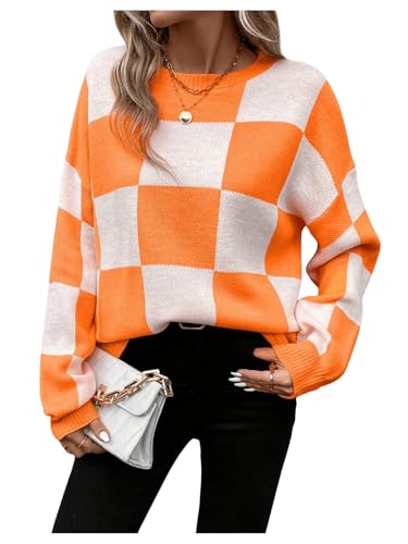 SHENHE Women's Checkered Color Block Oversized Sweater Plaid Crew Neck Drop Shoulder Pullovers3