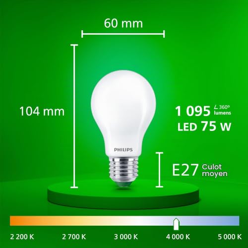 Ampoule LED A60 E27 1095lm= froid Philips ⌀6 cm dépoli - vue 8