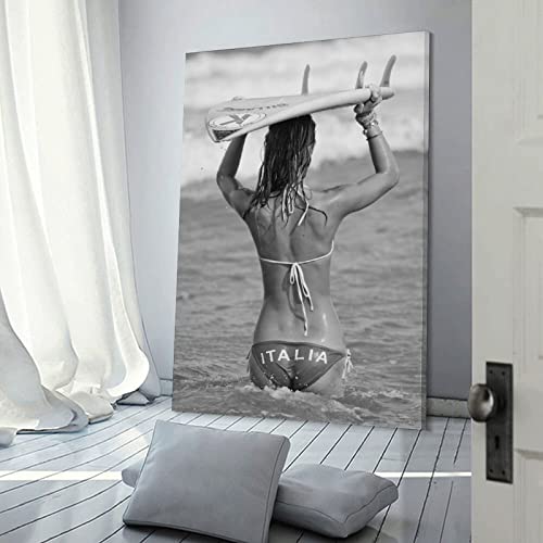 Aomaca Italian Surfer Girl Beach Black And White Surfing Photograph Vintage Poster Canvas Wall Art Room Decoration Aesthetics Wall Paintings Gifts 24X36Inch(60X90Cm) #TOP2