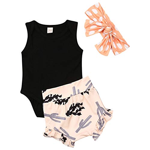 3Pcs Newborn Baby Girls Summer Outfit Sleeveless Cotton Bodysuit Top Ruffle Shorts Headband Set Covers Underwear Outfits (Black, 6-12 M)