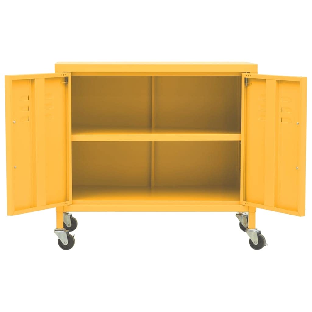 Armadietto in Acciaio con Ruote Giallo Senape 60x35x56 cm | Mobiletto basso multiuso in metallo per soggiorno o ufficio, con ripiano regolabile ed ante traforate traspiranti.