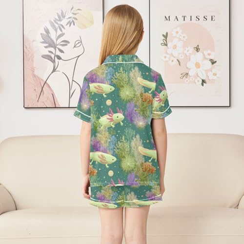 Satin Pajama Sets Short Sleeve Axolotl with Colorful Plants Button Down Silky Nightwear 2 Piece PJS 5-14Y4