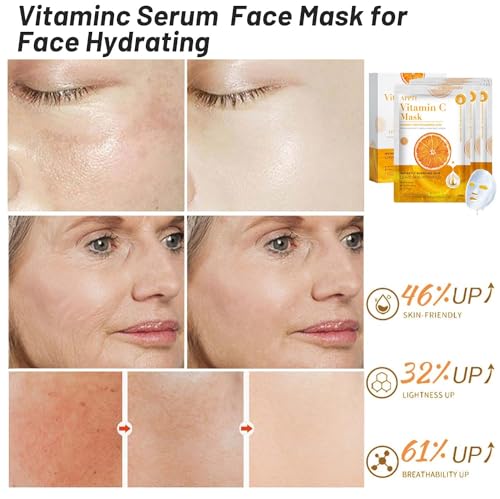 Sheet Mask, Vitamin C Face Masks, 10Pcs Face Masks Skincare, Hydrating Face Mask with Hyaluronic Acid, Face Masks Beauty, Anti-aging Face Mask Set, Anti Dark Spots Sheet Masks for All Skin. - Image 5
