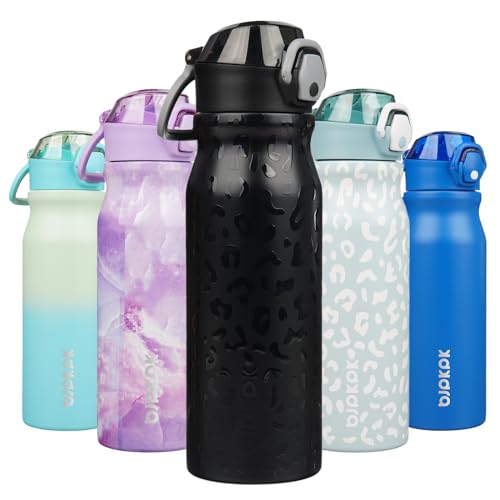 Image of BJPKPK 25 oz Insulated Water Bottle, Straw, Handle, Stainless Steel Flask | Leak Proof Locking Lid, Thermal, Double Wall Vacuum, Keeps Hot /Cold, BPA Free, Travel & Sports, Black Leopard
