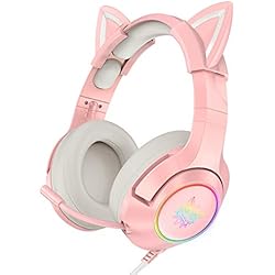 Cascos Gamer Con Orejas AJIJAR Auriculares para juegos de color rosa con orejas de gato desmontables, adecuados para PS4, sonido envolvente, luz LED RGB y micrófono telescópico con cancelación de ruido