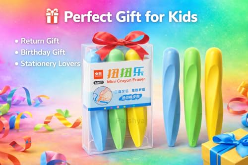 Image of Parshya Mini Crayon Eraser Set for Kids (Pack of 3) | Cute Colorful Pencil Erasers | Soft Dust-Free Non-Toxic Rubber | School Supplies, Return Gifts, Stationery Kit for Boys & Girls