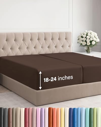 Image of Extra Deep Split King Fitted Sheet - Single Fitted Sheet Only - Brown | Easily Fits 18 inch to 24 inch Mattress, Soft, Wrinkle Free, Breathable & Comfy, Extra Deep Pockets Hotel Luxury Fitted Sheet