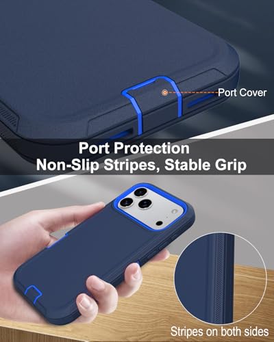 Image of for iPhone 17 Pro Max Case with Port Cover, Rubber Matte, Blue | 3-Layer Heavy Duty Armor, 16ft Drop Protection, Non-Slip Shockproof & Anti-Fingerprint
