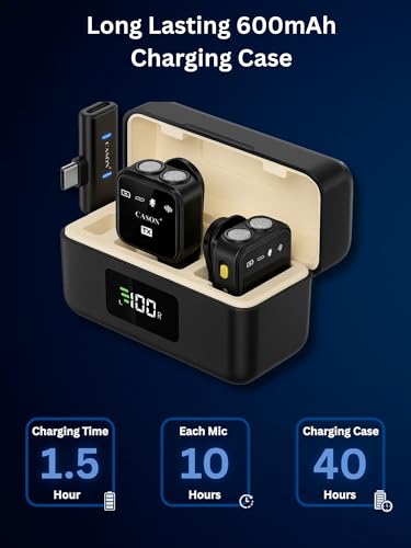 Image of CASON SX23 Wireless Mic for You Tube & Content Creators with 3 Level Ultra Noise-Cancelling Feature and Charging Case, Microphone for Vlogging with iPhone /Android Devices (2 Mic)