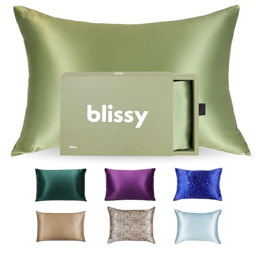 Blissy Silk Pillowcase - 100% Pure Mulberry Silk - 22 Momme 6A High-Grade Fibers - Silk Pillow Cover for Hair & Skin - Regular, Queen & King with Hidden Zipper (Queen, Olive)